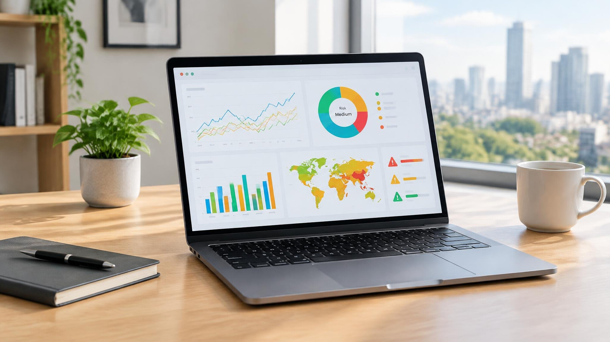 Laptop screen showing data analytics charts on a desk